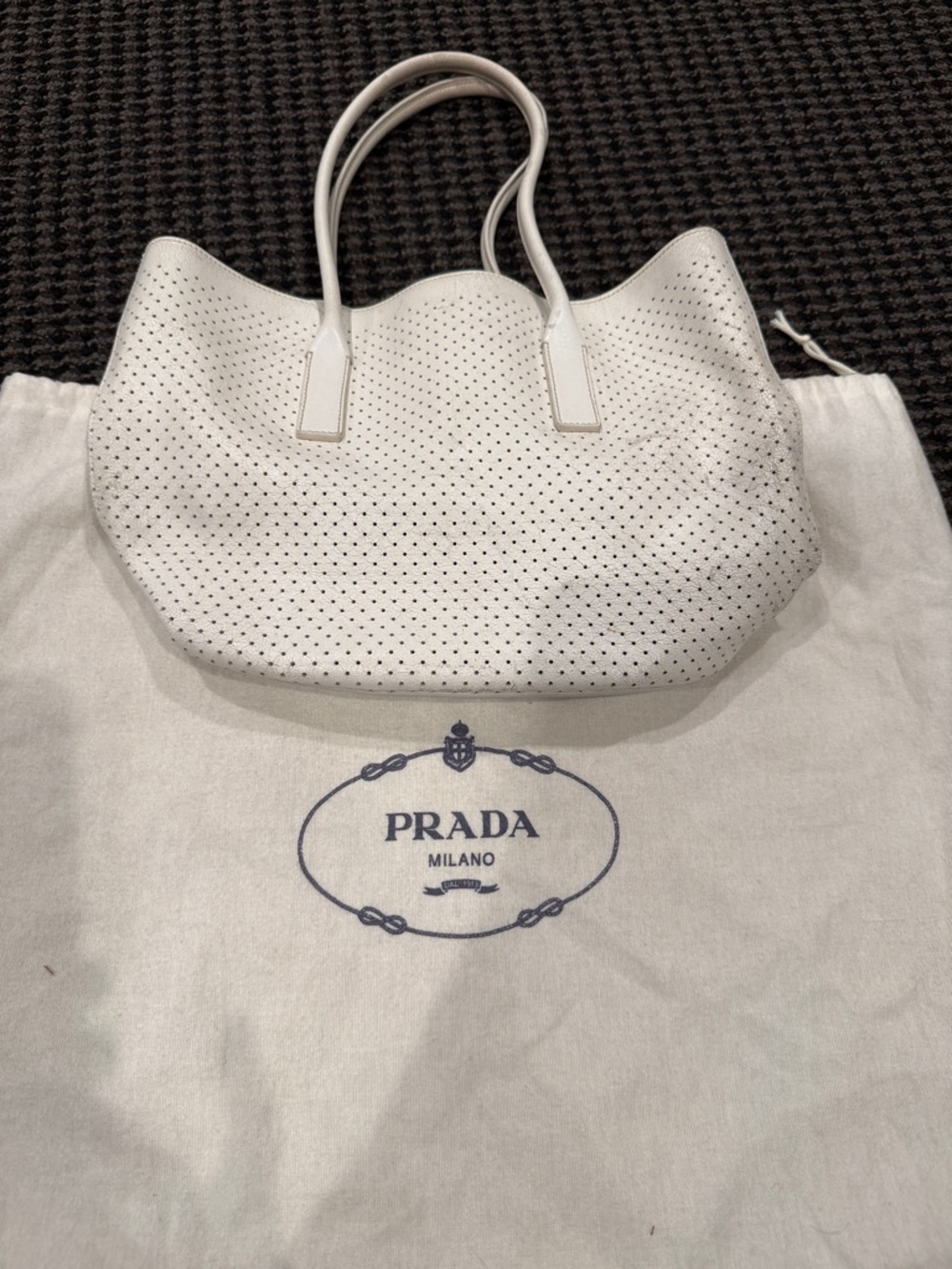 Prada White Perforated Leather Tote Bag